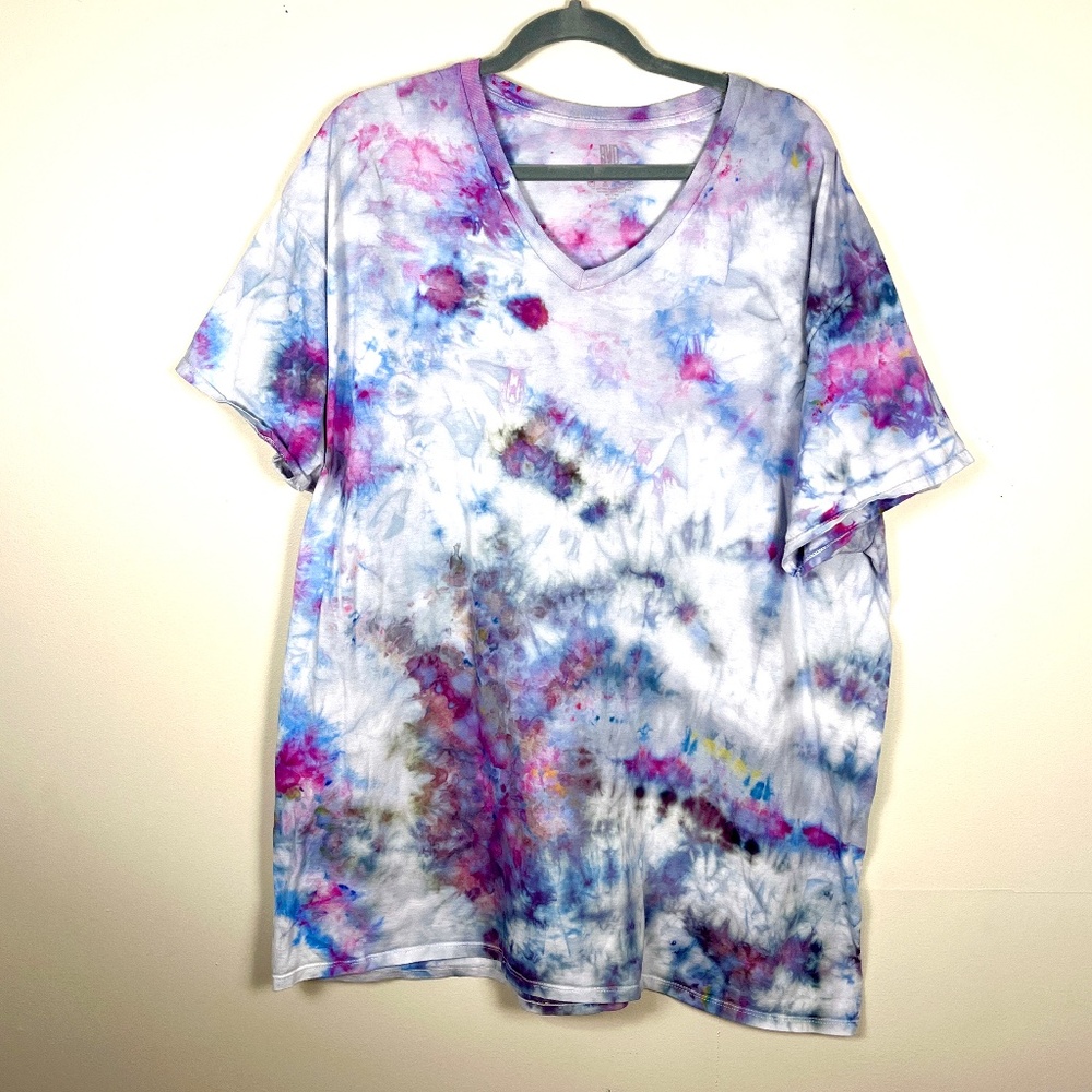 Ice dyed tie dyed upcycled purple multicolor V Neck cotton T Shirt